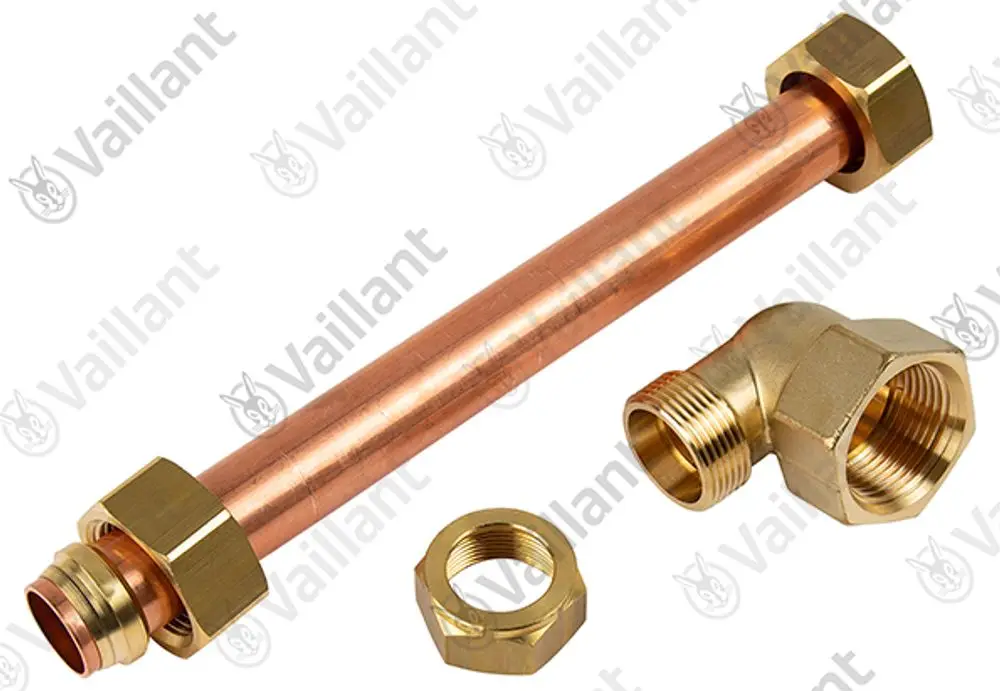 Kupferrohr mit verschiedenen Messingfittings von Vaillant, einschließlich eines geraden Rohres und eines gewinkelten Fittings.